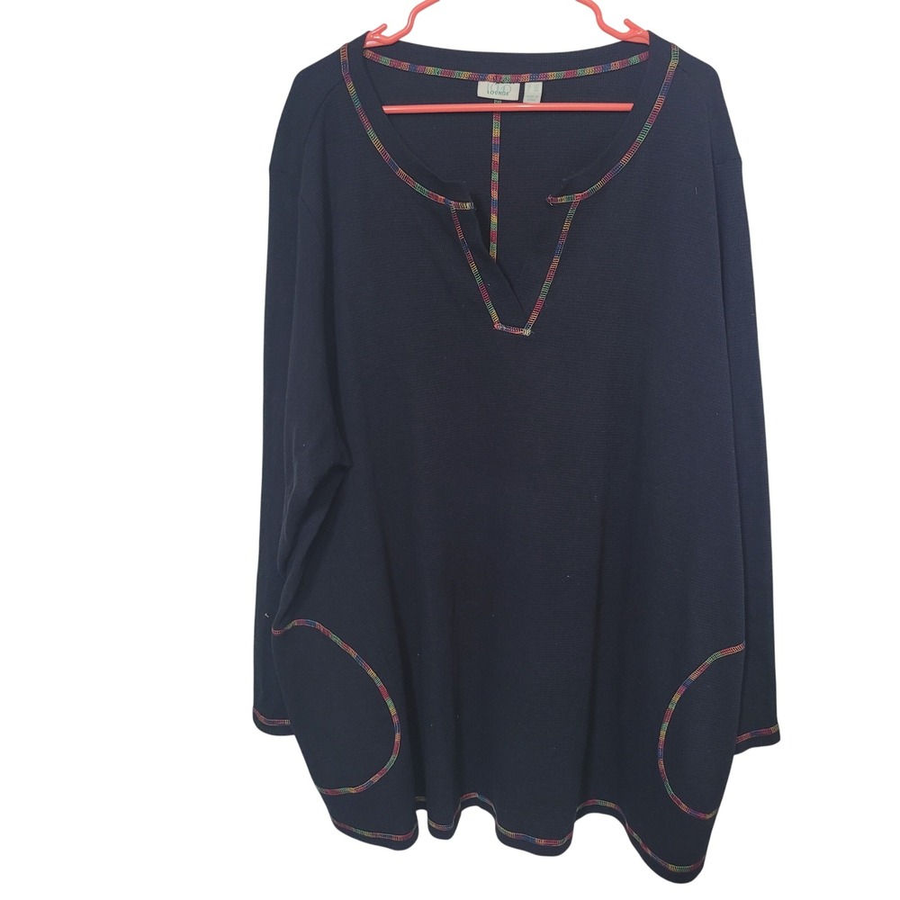 LOGO Lounge 4X Waffle Knit Tunic Navy Rainbow Stitching Pockets Long Sleeve